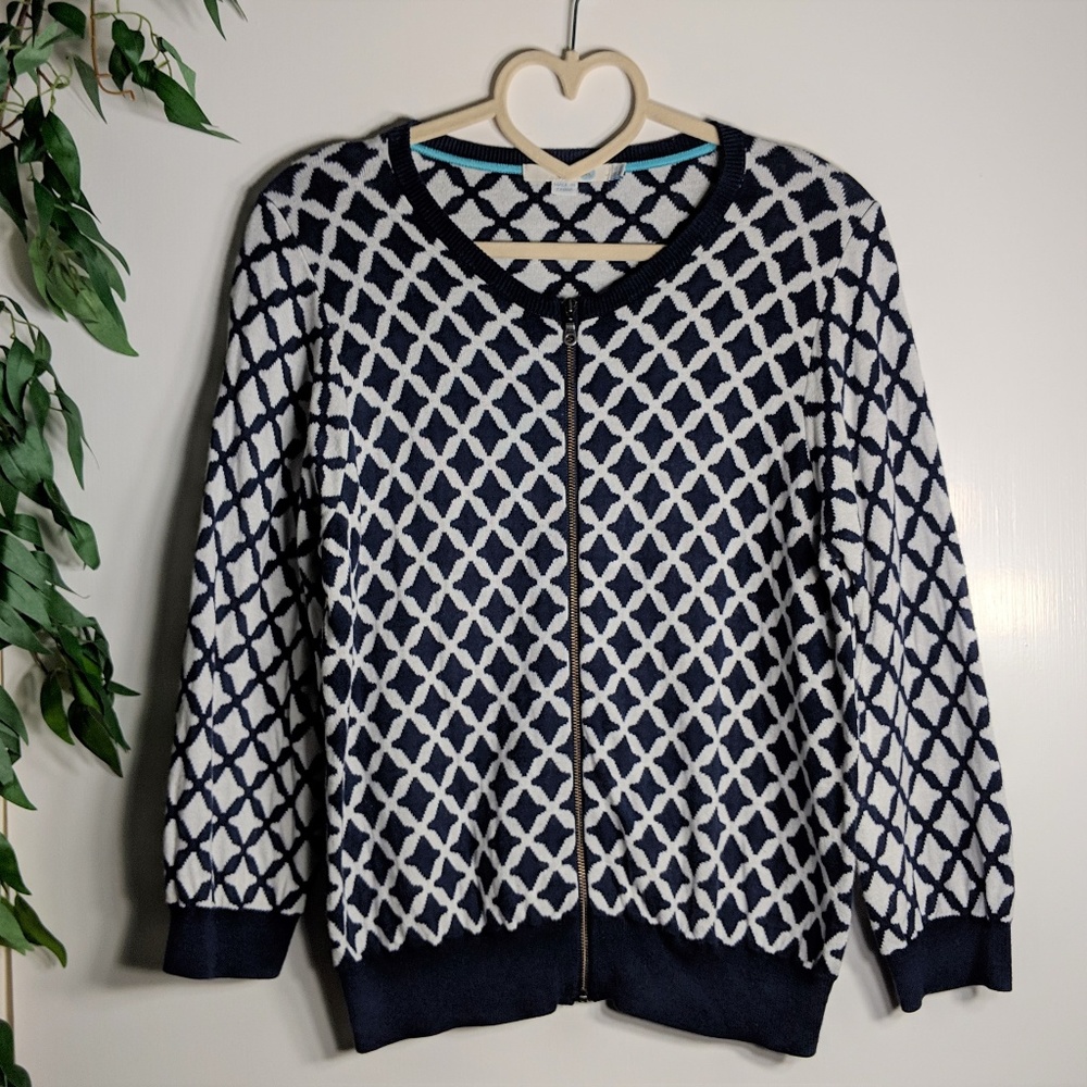 Boden Navy and White Print Zip Up Cardigan EUC